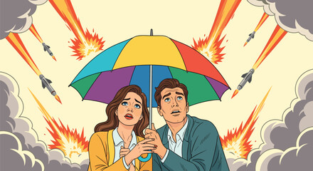 Worried couple huddles together under a colorful rainbow umbrella while missiles and explosions fill the sky in a powerful concept of peace.
