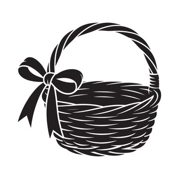 Black and white illustration of a wicker basket with a decorative bow