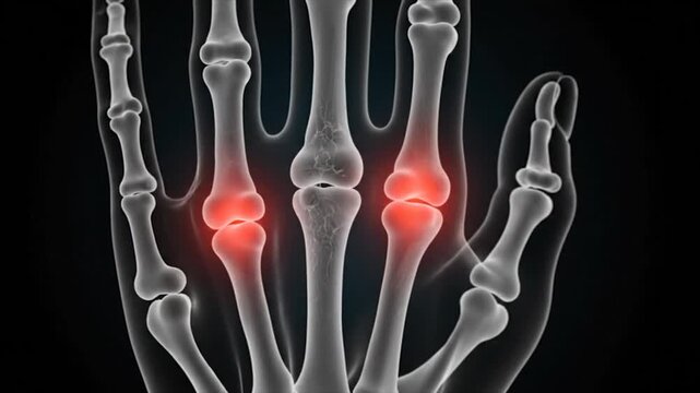 X-ray of hand bones with highlighted painful joints, illustrating arthritis or injury.