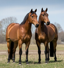 Obraz premium two brown horses standing in field