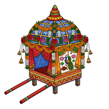 Intricately decorated palanquin with vibrant colors floral garlands and traditional artistic details