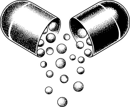 Open Capsule Releasing Small Spheres In Black And White Stippled Style pill medicine