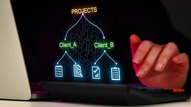 Managing client projects with digital tools on a laptop screen at night.