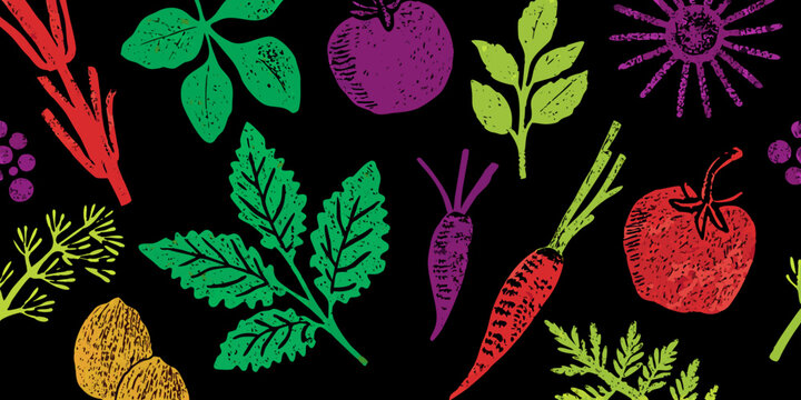 Vibrant botanical illustration featuring colorful fruits vegetables and foliage