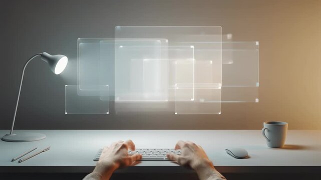 Close-up of a person's hands interacting with floating glowing holographic glass screens on a white desk with a lamp, cinematic video preview for futuristic technology, virtual workspace