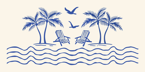 Obraz premium Relaxing beach scene with palm trees lounge chairs and soaring birds