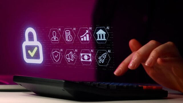 User operates calculator while viewing digital security icons in a dark setting during a tech session at night.