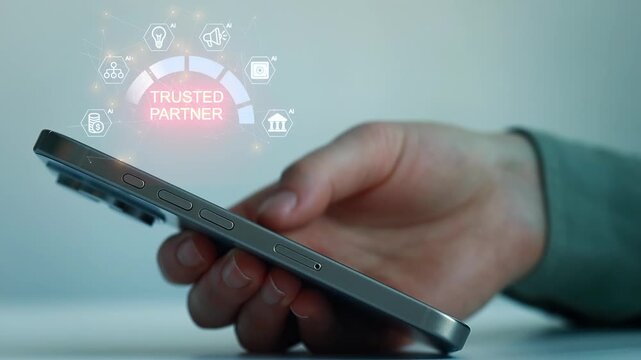 Hand holds a smartphone with a graphic showing a trusted partner symbol above the device in a modern setting.