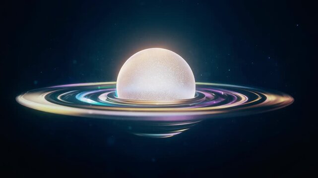 Glowing planet with vibrant colorful rings in deep space. Cinematic video preview for sci-fi, cosmic exploration, and futuristic concept art