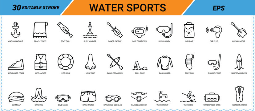 Water sports editable line art icon pack. Icon bundle, icon set, web icon, app icon, swimming, diving, sailing, kayaking, snorkeling, surfing, boating, water safety, and more. Vector graphics.