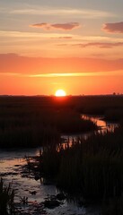 Obraz premium Golden sun dips below the horizon, painting a Virginia saltmarsh in warm hues as tides recede , environmental, beauty