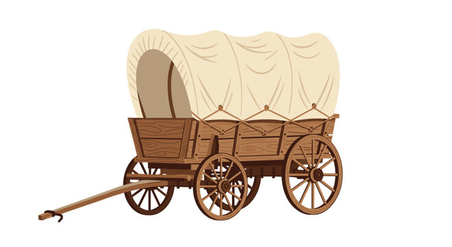 A meticulous wooden Conestoga wagon with a large beige canvas cover and detailed spoked wheels stands ready for a historical journey across the plains.