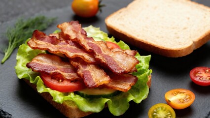 Obraz premium Detailed blt, sandwich, bacon, lettuce, tomato concept with soft natural light, dynamic composition, high clarity, perfect for commercial use, marketing visuals, digital platforms and creative design 
