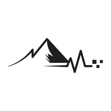 Minimalist Mountain Peak with Heartbeat Pulse and Digital Pixel Dissolution, Adventure Life and Nature Tech Fusion T-Shirt Design Vector
