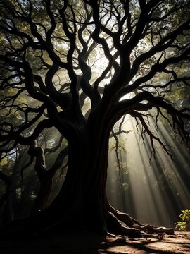 Ancient trees loom, skeletal fingers clawing at slivers of celestial light, a primal stage of inky shadows and raw bark,  deep,  natural