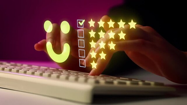 Hands typing on a keyboard while reviewing feedback with a smiley face and stars displayed on a screen.