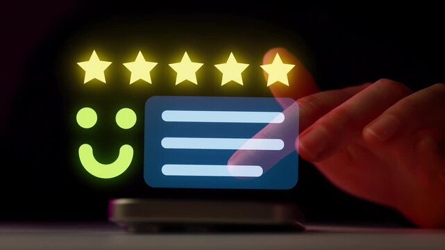 Hands interact with a mobile device displaying five-star ratings and a feedback form in a dark setting.