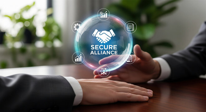 Secure alliance business concept, professional handshake icon in digital bubble, corporate partnership and strategic agreement visualization
