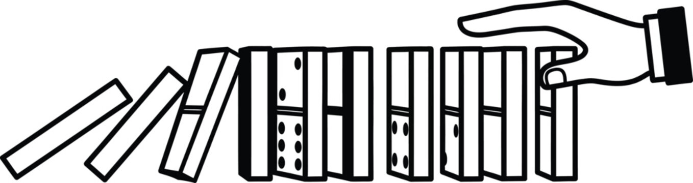 dominos falling down, hand pushing dominoes