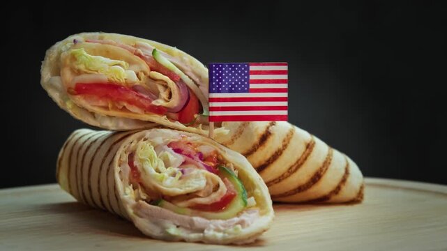 Rotating juicy turkey wrap served sliced with vegetables, turkey, sauce in tortilla and USA flag symbolizing local fast food production.