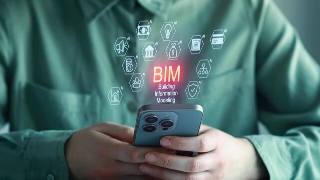Person using smartphone to access building information modeling tools in office setting during daytime.