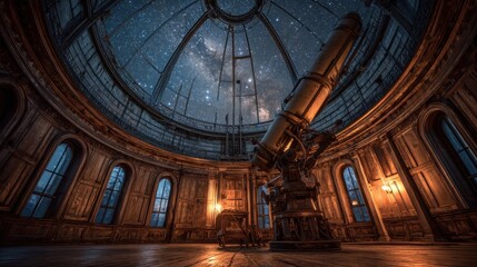 Naklejka premium Stargazing at night in an observatory with a large telescope