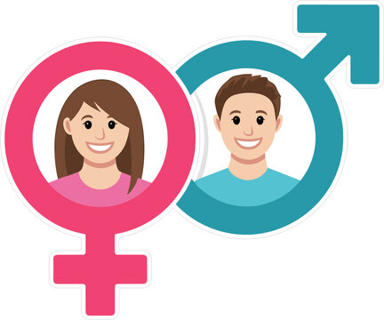 Gender symbols with male and female character portraits vector illustration for sociology identity equality and biological sex concept isolated on white background with sticker style outline