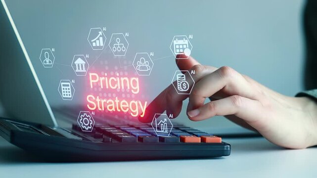 Using a calculator to develop a pricing strategy with AI tools in a modern office setting.
