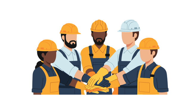 A diverse group of five construction workers wearing protective hard hats and blue overalls stack their gloved hands together in a show of teamwork.