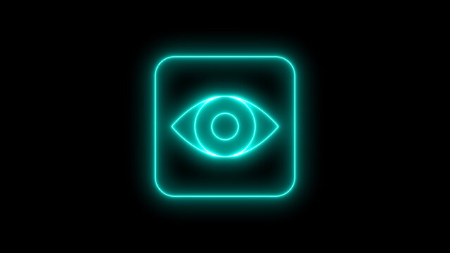 Colorful neon glowing eye icon in a rounded square shape, representing vision, privacy, surveillance, and digital security concepts, isolated on black background.
