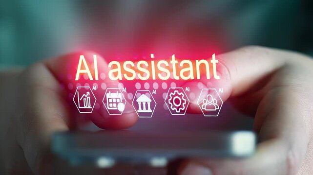 Person uses a smartphone to access AI assistant features in a modern setting with digital icons in focus.