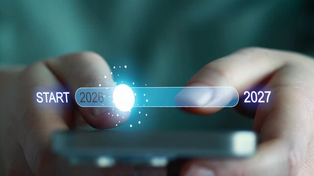 Person interacts with mobile device showing timeline from 2020 to 2027 with glowing effect.