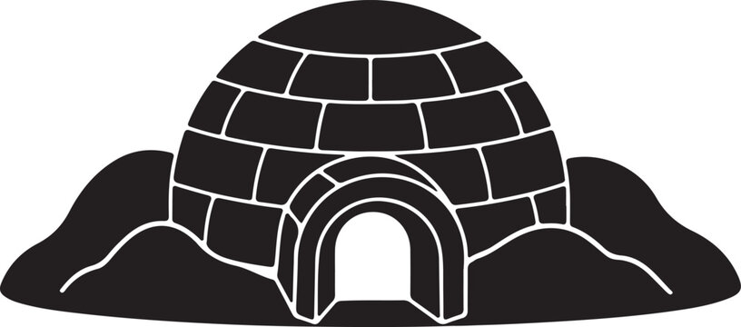 Traditional igloo structure built from snow blocks with an arched entrance silhouette vector icon