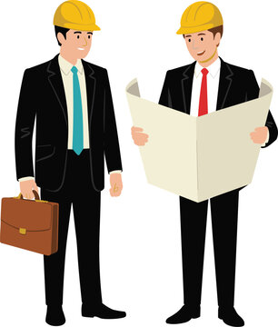 Two professional male architects or engineers in black suits and yellow hard hats discussing blueprint plans for construction vector illustration