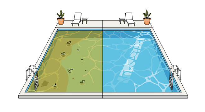 A detailed split-screen illustration showcases a swimming pool area with lounge chairs where one side is murky with leaves and the other is crystal clear.