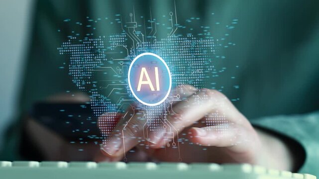 Person typing on a keyboard while interacting with AI technology in a modern workspace setting.