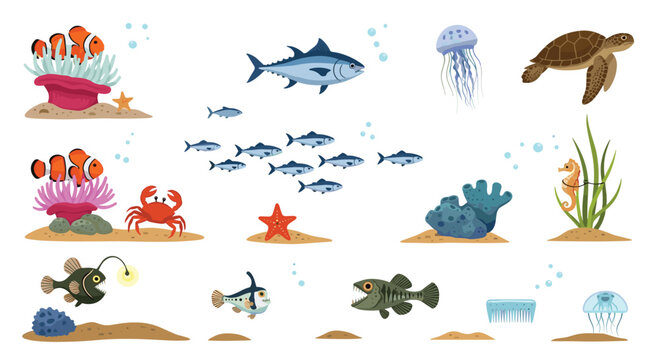 Vibrant collection of cartoon sea creatures including a friendly clownfish and a majestic sea turtle swimming across a pristine white background for kids.