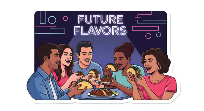 Friends enjoying food together with futuristic flavors concept