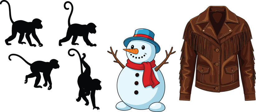 Vector Illustration Set Featuring Black Monkey Silhouettes in Various Poses, a Cute Winter Snowman with Blue Hat, and a Brown Leather Fringe Jacket