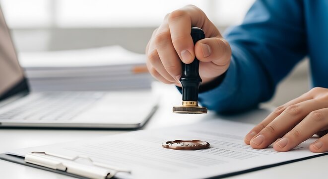 Hand stamping document with wax seal in office setting, laptop, documents in blurred background