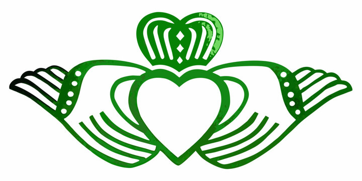 Green claddagh symbol featuring hands embracing a heart design