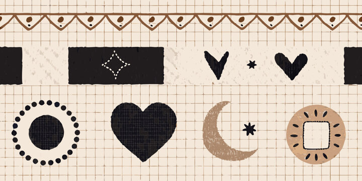 Bohemian pattern with celestial and geometric shapes on a grid
