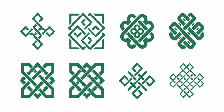 Collection of eight green celtic knotwork designs on a white background