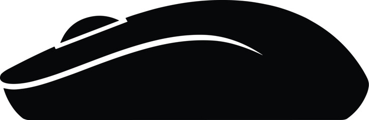 Fototapeta premium Minimal vector silhouette, computer mouse side view, ergonomic curved shape with scroll wheel, solid black, isolated on white background