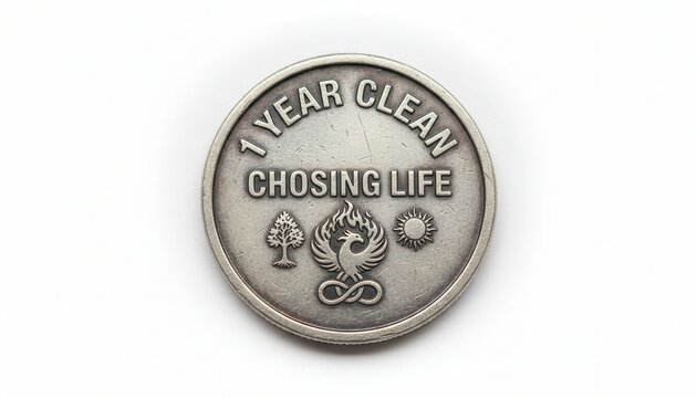 One year clean and sober coin with choosing life message and phoenix symbol