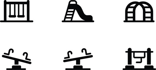 Fototapeta premium Set of playground equipment icons featuring swings slide climbing frame and see saw black silhouettes isolated on a white background.