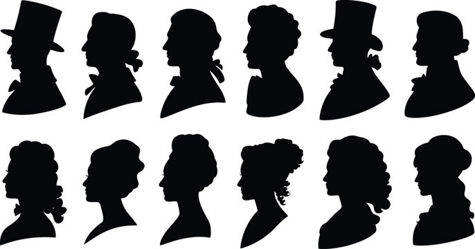 Antique collection featuring black vector silhouettes of Victorian gentleman and lady heads in profile view for nostalgic retro design projects today.