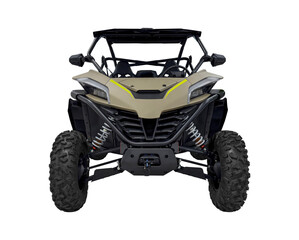 Front view brown and black side by side 4x4 ATV Decorated with reflective green stripes on the body and alloy wheels isolated on white background © Supachai
