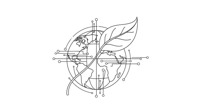 A detailed line drawing depicts a leafy globe with crossed arrows and coordinate lines on a white background precisely.