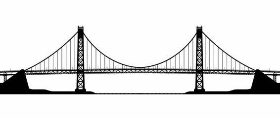 Fototapeta premium Suspension bridge silhouette, iconic landmark, engineering marvel, city skyline, travel destination, architectural design, infrastructure, transportation, with copy space, isolated on white background